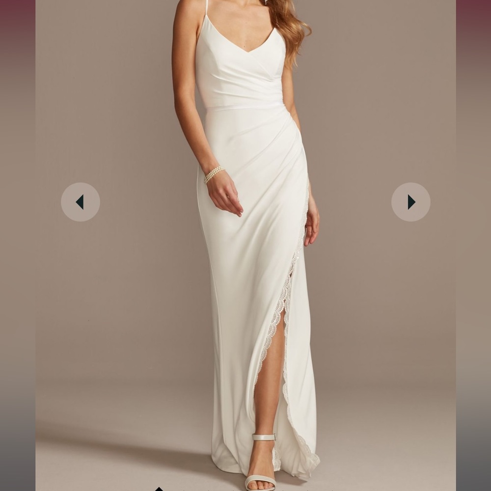 David’s Bridal DB STUDIO
ruched skinny strap dress with lace slit